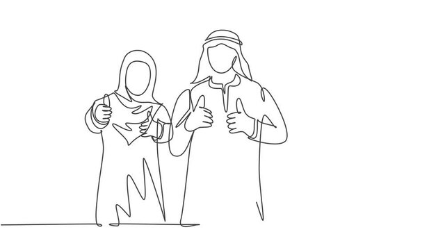 Animated self drawing of continuous line draw young muslim general manager with his assistants giving thumb up gestures. Arab middle east cloth kandura, thawb, robe. Full length one line animation.