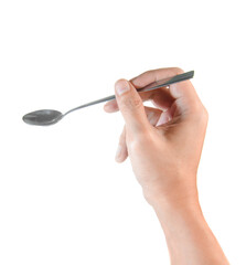 hand with spoon on white background