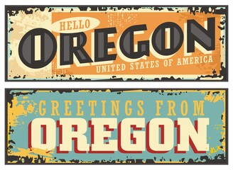Oregon USA retro sign on old rusty background. Road sign greetings from Oregon. Vintage vector template Americana collectible plates and signs.
