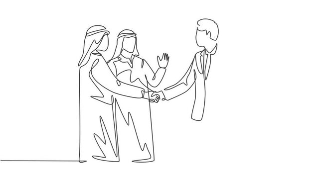 Animated self drawing of continuous line draw young muslim businessman handshake after deal project. Saudi Arabian businessmen with kandura, scarf, keffiyeh clothing. Full length single line animation