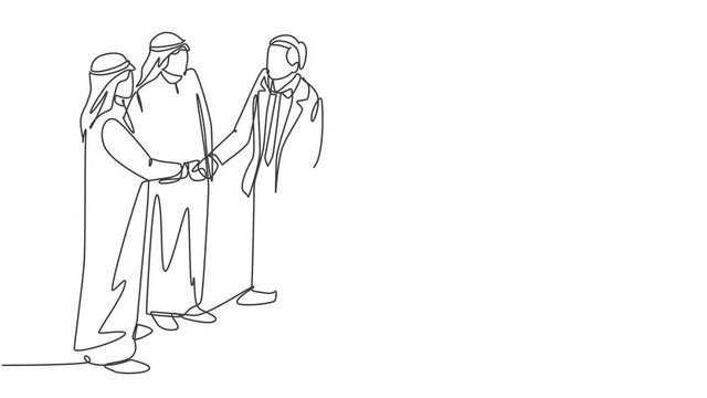 Animated self drawing of continuous line draw muslim businessman handshake his business partner. Saudi Arabian businessmen with shemagh, scarf, keffiyeh clothing. Full length single line animation.