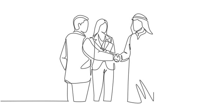 Animated self drawing of continuous line draw muslim businessman handshake with his colleague. Saudi Arabian businessmen with shemagh, kandura, scarf and keffiyeh. Full length single line animation.