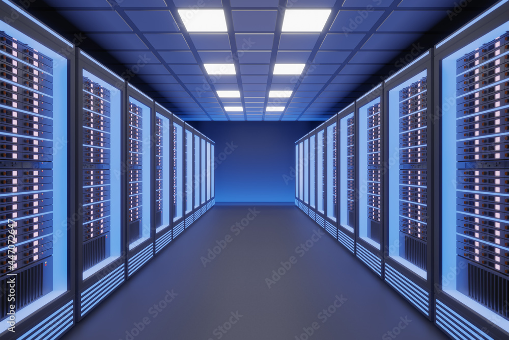 Poster hosting server computer room with blue light in the black color theme. 3d illusration rendering.