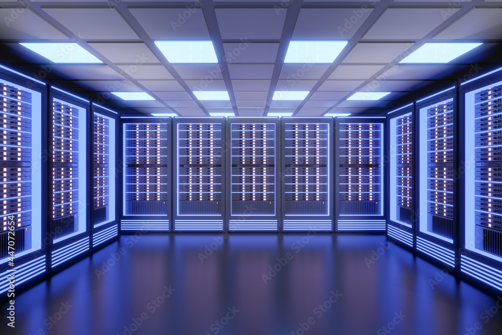 Poster hosting server computer room with blue light in the black color theme. 3d illusration rendering.