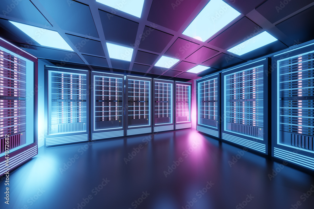 Aufkleber hosting server computer room with pink blue light in the black color theme. 3d illusration rendering