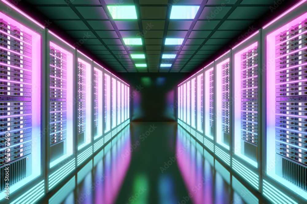 Poster hosting server computer room with colorful light in the black color theme. 3d illusration rendering.