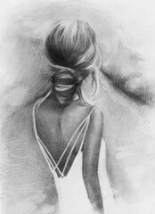 Drawings of girl in high quality pencil Freehand graphic illustration in digital. view from the back. beautiful blonde hair Pictures for print - 447072612