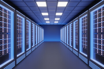 Fototapeta premium Hosting server computer room with blue light in the black color theme. 3D illusration rendering.