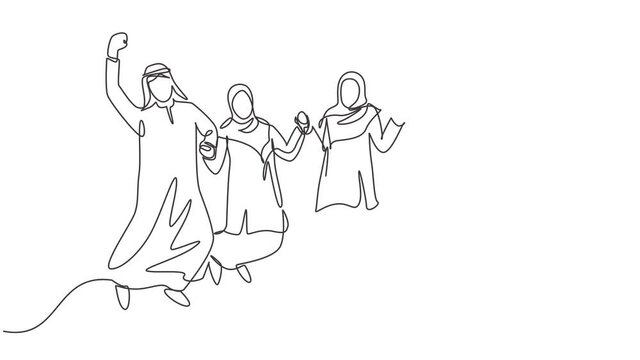Animation of one line drawing of business people muslim jump together to celebrate. Arabian businessmen with shmag, kandora, headscarf, ghutra. Continuous line self draw animated. Full length motion.