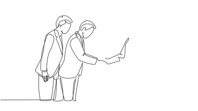 Animated self drawing of continuous line draw muslim businessman bowing to his Japanese partner. Saudi Arabian businessmen with shemag, kandura and scarf clothing. Full length single line animation.