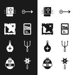 Set Card game collection, Pirate treasure map, Holy bible book, Arrow, Bottle with potion, Neptune Trident, Medieval chained mace ball and Video bar icon. Vector