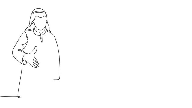 Animated self drawing of continuous line draw young muslim businessman give handshake gesture. Arab middle east businessmen with shemagh, kandura, thawb, robe cloth. Full length one line animation.