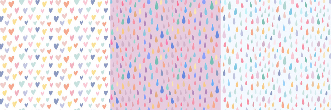 Set of three cute simple childish seamless pattern with hand drawn watercolor rainbow colors hearts, rain colorful drops on pastel backdrop. Sweet vector background. Children textile, fabric, print