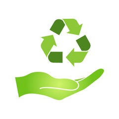 Hand with Green recycle sign Simple icon on product packaging and box