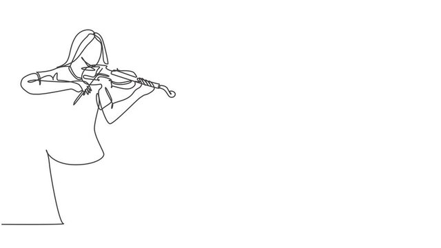 Animated self drawing of continuous line draw young happy female violinist performing to play violin on music festival concert. Musician artist performance concept. Full length single line animation.