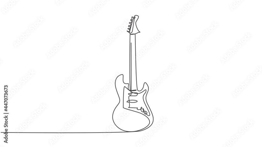 Poster animated self drawing of single continuous line draw electric guitar. stringed music instruments con