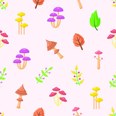 Seamless Pattern Abstract Elements Mushrooms Leaves Leaf Forest Vector Design Style Background Illustration Texture For Prints Textiles, Clothing, Gift Wrap, Wallpaper, Pastel