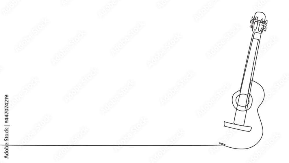 Poster self drawing animation of one single line draw wooden acoustic guitar. stringed music instruments co