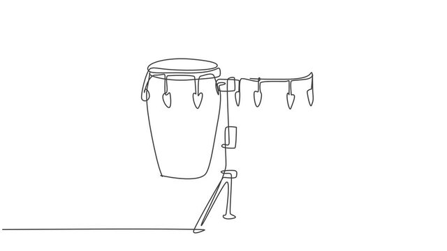 Animated self drawing of one continuous line draw traditional african ethnic drum, bongo. Percussion music instruments concept. Full length single line animation illustration.
