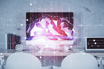 Multi exposure of brain drawing and office interior background. Concept of data technology.
