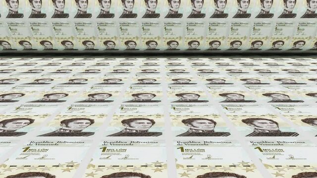 Inflation. Venezuelan bol&iacute;var banknotes or bills, VEB currency cash in Venezuela. Stack of money printing machine. Paper process in central bank. Economic, finance. Laundering. 3d illustration