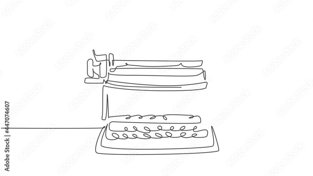 Poster animated self drawing of one continuous line draw retro old vintage typewriter front from view. clas