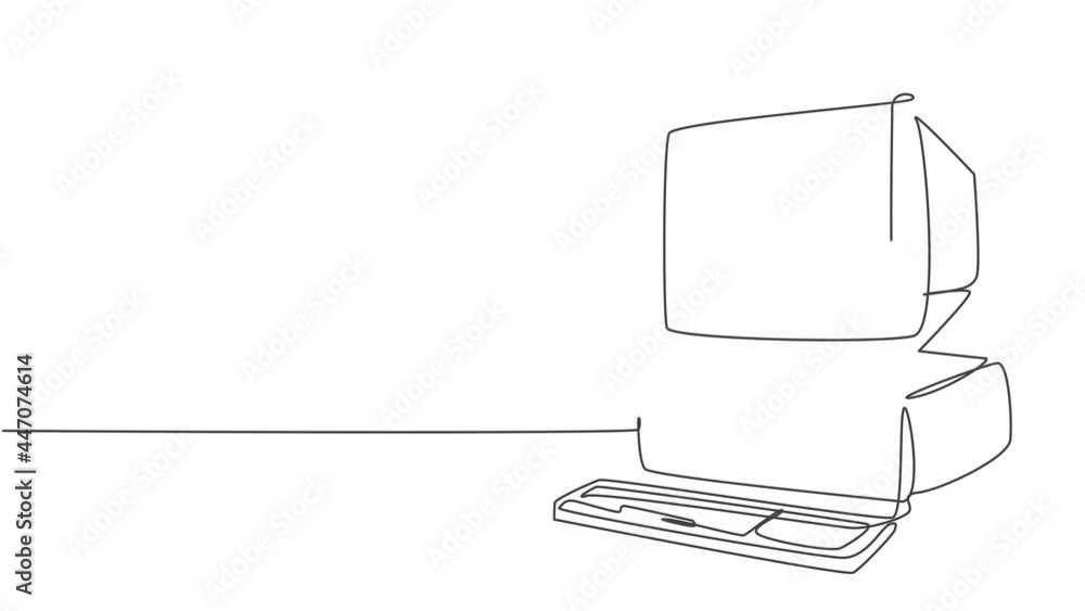 Fototapete Animated self drawing of single continuous line draw retro old classic personal computer processor unit. Vintage cpu with analog monitor and keyboard item concept. Full length one line animation.