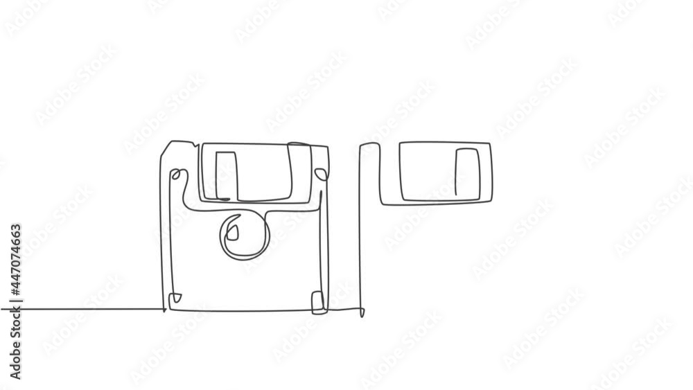 Poster self drawing animation of one single line draw retro old classic 3.5 inch floppy disk front and back
