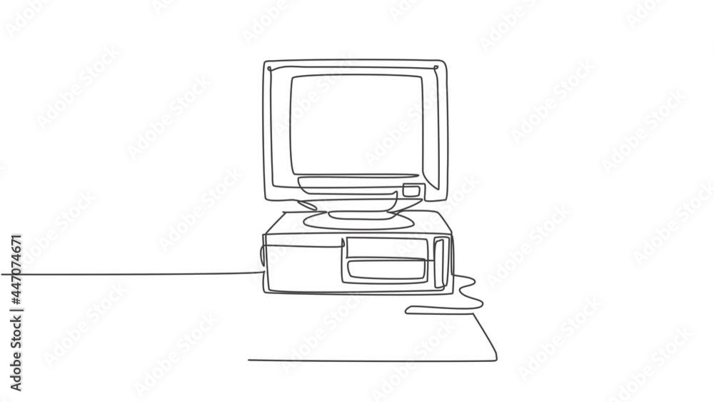 Fototapete Animated self drawing of single continuous line draw retro old classic personal computer processor unit. Vintage cpu with analog monitor and keyboard item concept. Full length one line animation.
