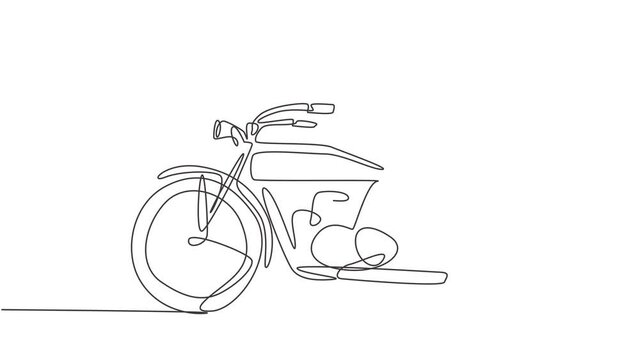 Self drawing animation of one single line draw old retro vintage motorcycle. Vintage motorbike transportation concept continuous line draw. Full length animated illustration.