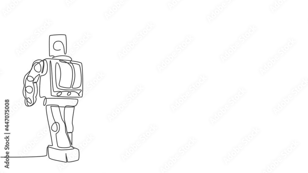 Poster animated self drawing of single continuous line draw old retro classic iconic robot from 90s era. vi