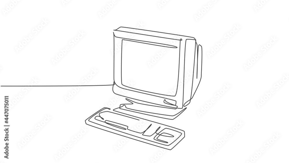 Fototapete Animated self drawing of single continuous line draw retro old classic personal computer processor unit. Vintage cpu with analog monitor and keyboard item concept. Full length one line animation.
