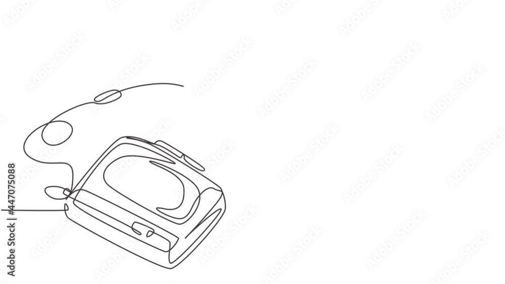 Poster animated self drawing of one continuous line draw retro old classic mobile radio tape with earphone.