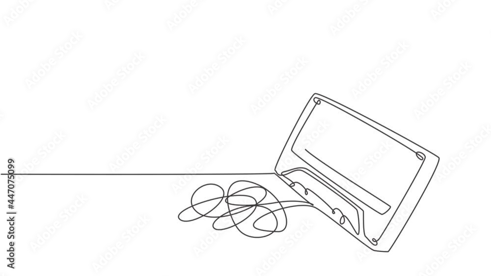 Aufkleber self drawing animation of one single line draw tangled analog cassette tape ribbon rotate by wooden 