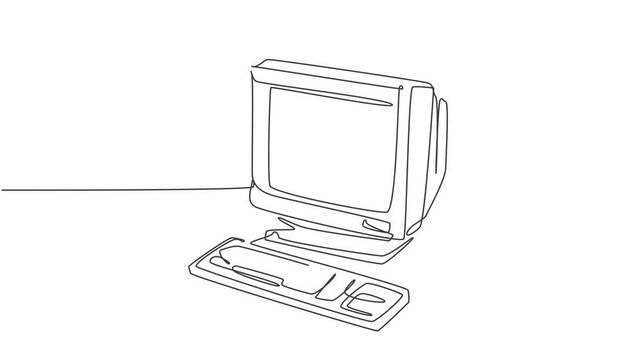 Animated self drawing of single continuous line draw retro old classic personal computer processor unit. Vintage cpu with analog monitor and keyboard item concept. Full length one line animation.