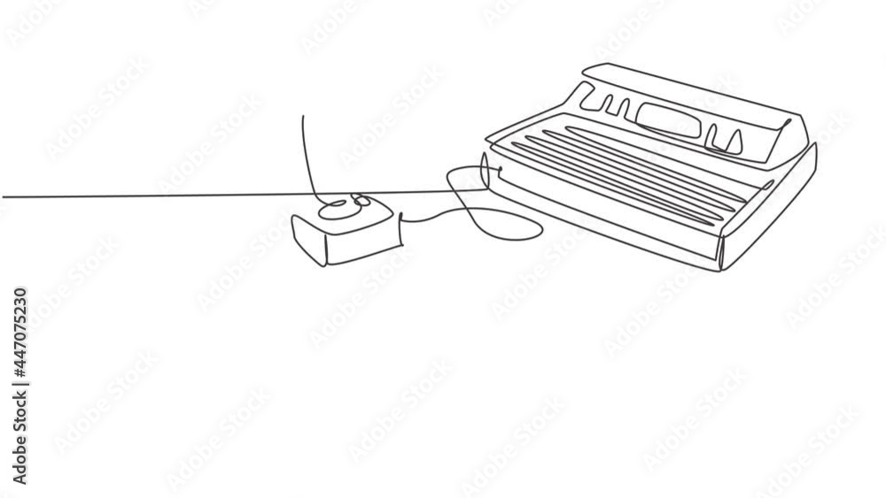 Poster animated self drawing of one continuous line draw set of retro old classic console video game player