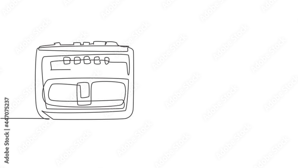 Poster self drawing animation of one single line draw retro old classic portable radio tape with earphone. 