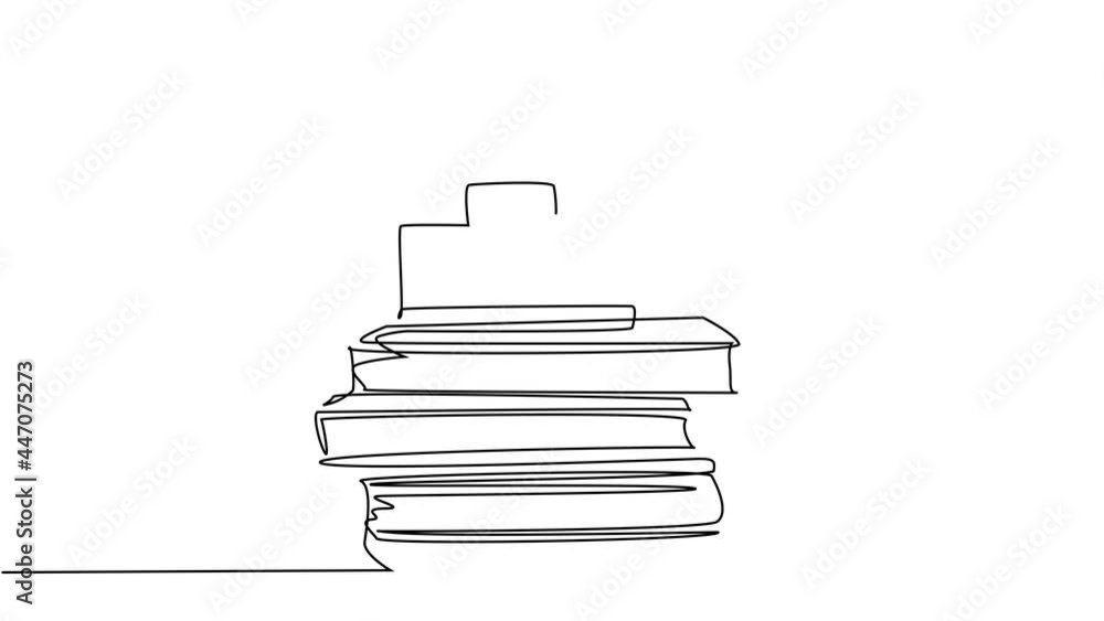 Poster animated self drawing of single continuous line draw vintage classic analog pocket camera above stac