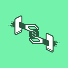 Hand giving and receiving a loan through smartphone screen. Conceptual illustration of digital lending, peer to peer lending, online financial service. Vector illustration outline flat design style.
