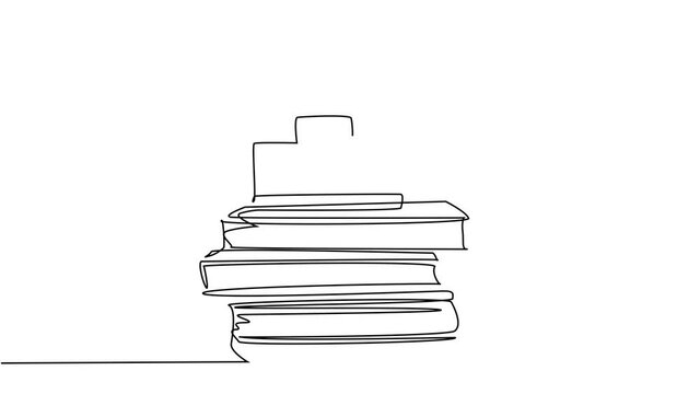Animated self drawing of single continuous line draw vintage classic analog pocket camera above stack of books on desk. Old retro photography equipment concept. Full length one line animation.