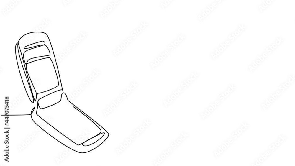 Poster animated self drawing of single continuous line draw old retro flip cellular phone. vintage classic 