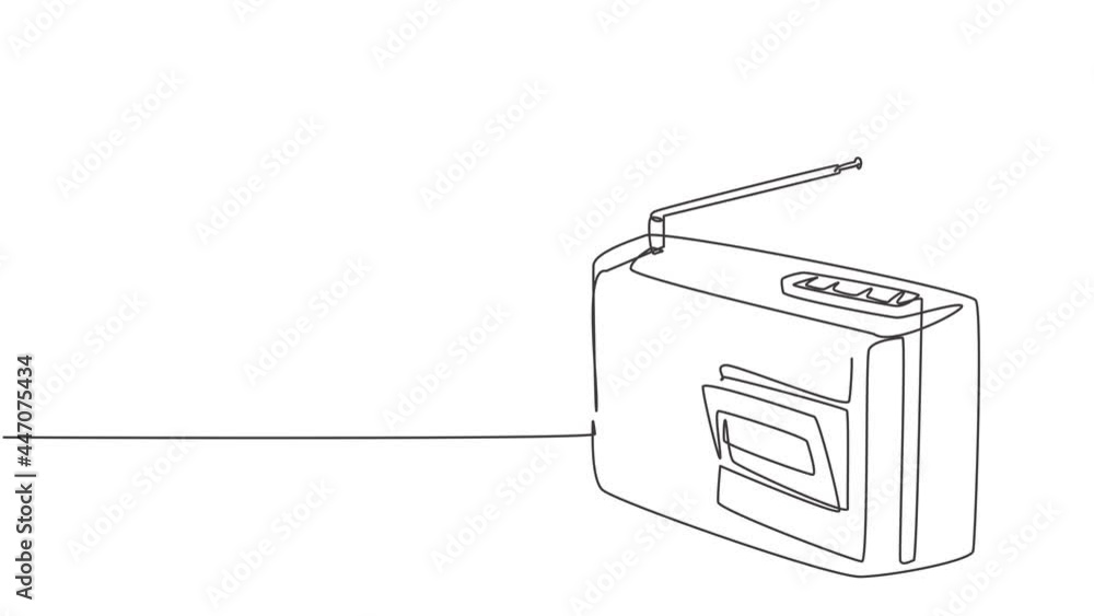 Poster self drawing animation of one single line draw retro old fashioned analog radio tape. antique vintag