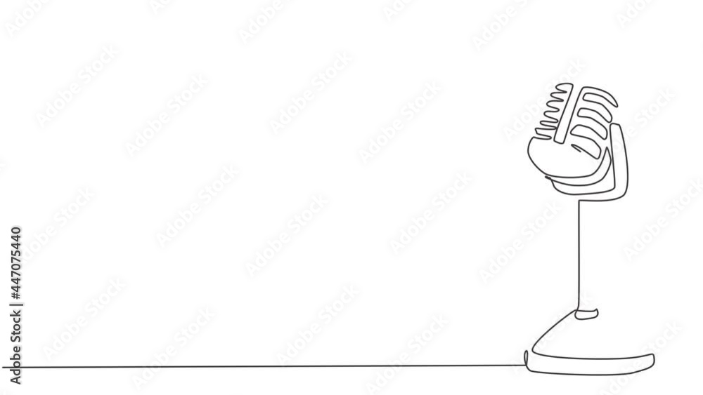 Poster self drawing animation of one single line draw retro old classic radio microphone for broadcasting. 