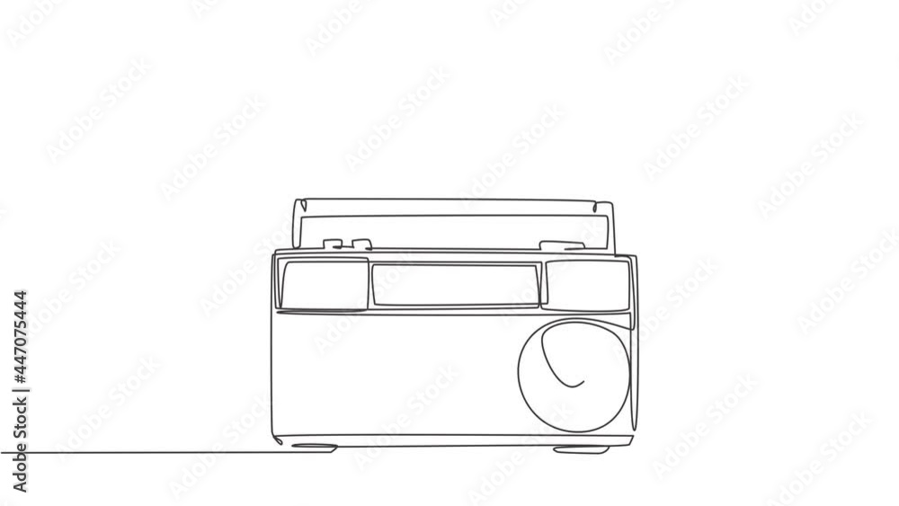 Poster self drawing animation of one single line draw retro old fashioned analog radio tape. classic vintag