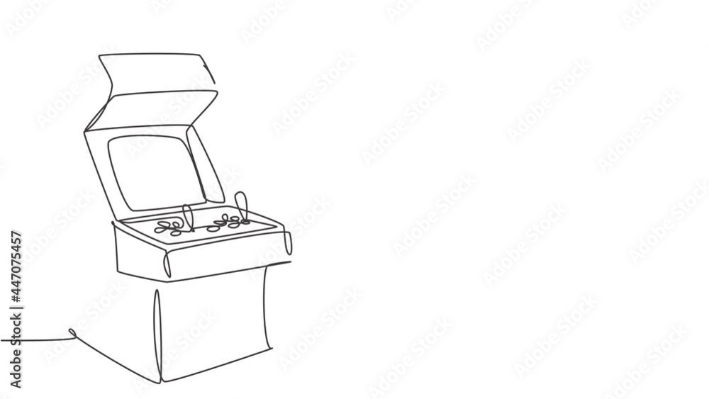 Poster self drawing animation of one single line draw old retro classic arcade video game machine at game c