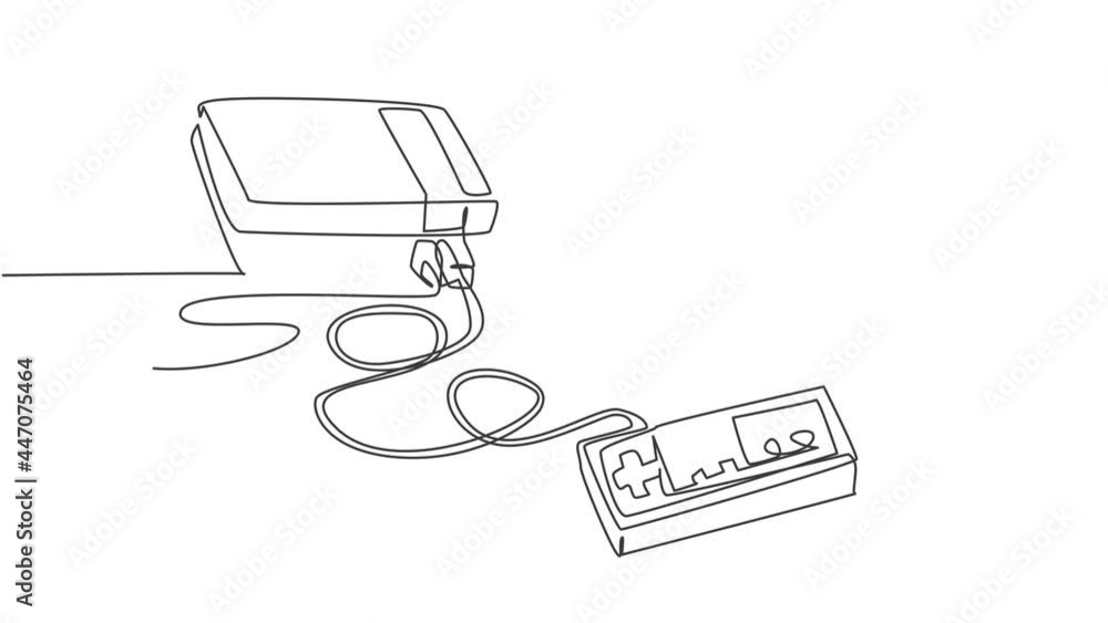 Poster animated self drawing of one continuous line draw retro old classic console video game player. vinta