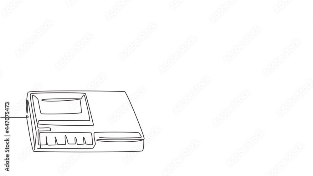 Poster animated self drawing of one continuous line draw retro old classic analog portable tape recorder. v