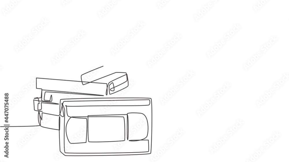 Poster self drawing animation of one single line draw stack of retro old classic vhs analog video cassette.