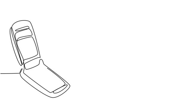 Animated self drawing of single continuous line draw old retro flip cellular phone. Vintage classic mobile phone to communicate concept. Full length one line animation illustration.