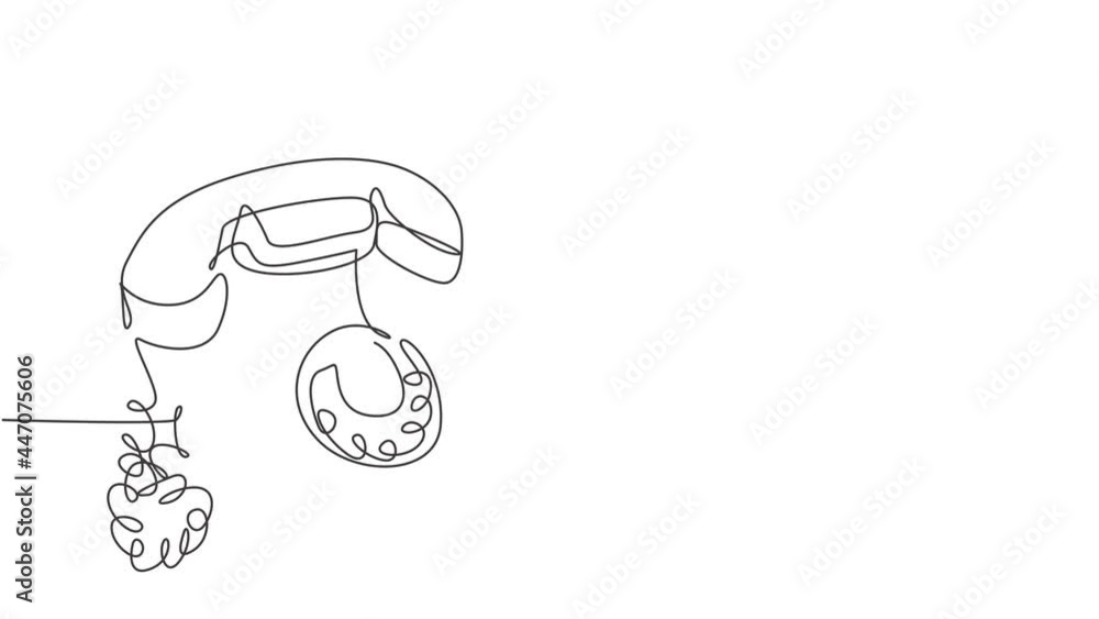 Poster animated self drawing of one continuous line draw old vintage antique analog desk telephone to commu
